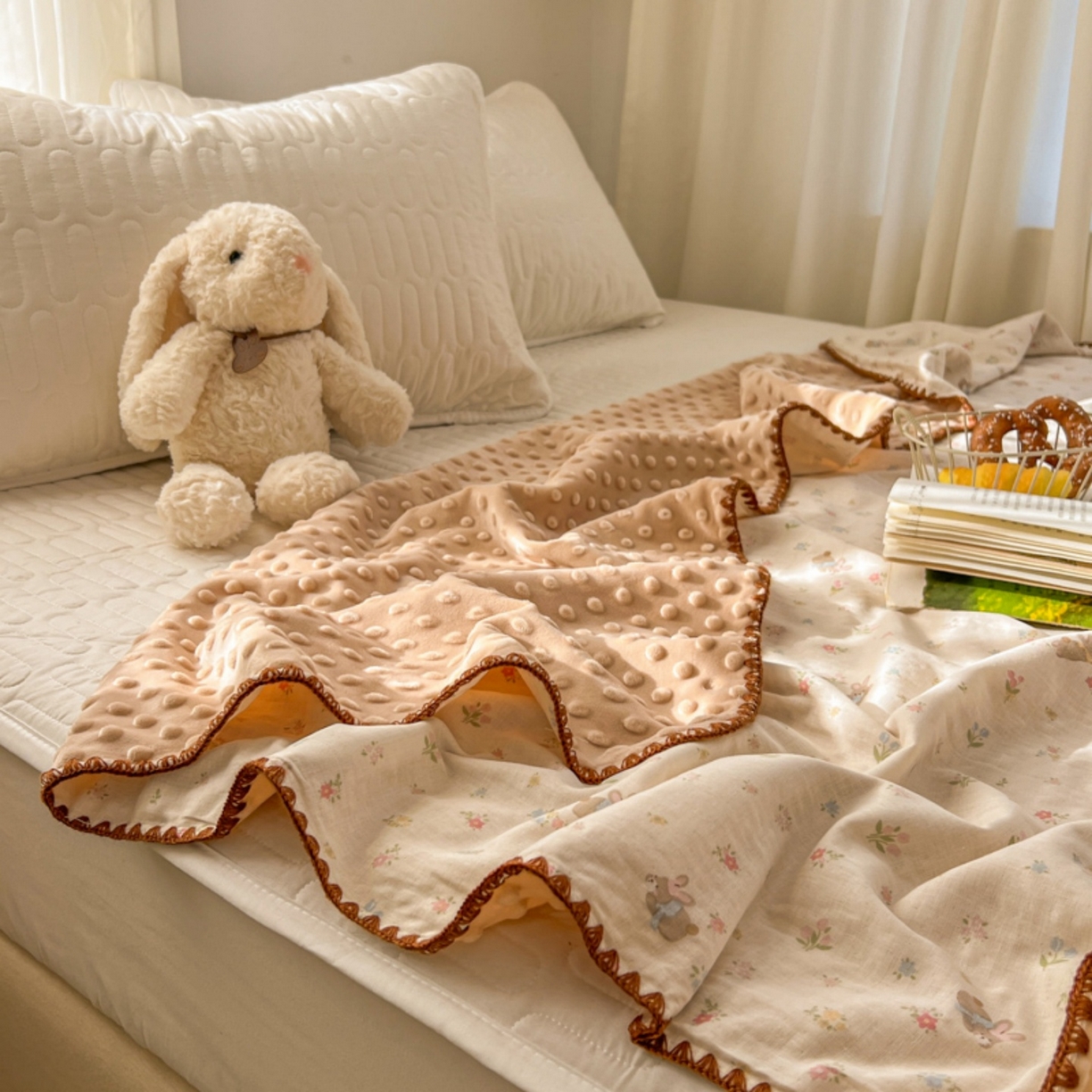 91家纺网 家纺一手货源 找家纺 十里居 2026春夏新款A类母婴级全棉纯棉双层纱多功能豆豆盖毯毛毯毯子 碎花小兔