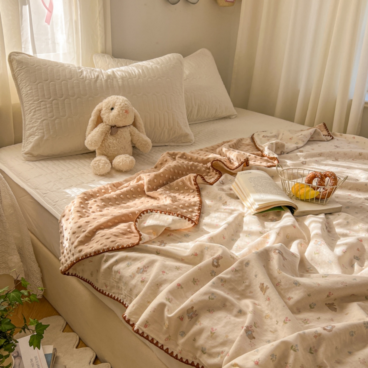 91家纺网 家纺一手货源 找家纺 十里居 2026春夏新款A类母婴级全棉纯棉双层纱多功能豆豆盖毯毛毯毯子 碎花小兔