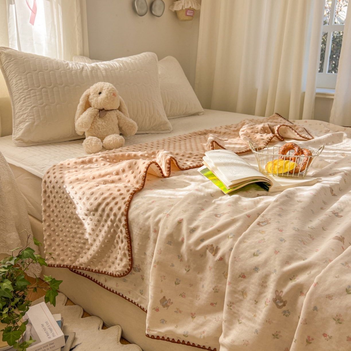 91家纺网 家纺一手货源 找家纺 十里居 2026春夏新款A类母婴级全棉纯棉双层纱多功能豆豆盖毯毛毯毯子 碎花小兔