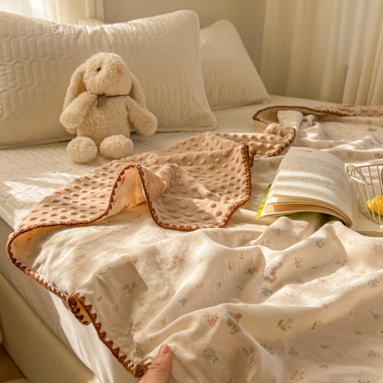 91家纺网 家纺一手货源 找家纺 十里居 2026春夏新款A类母婴级全棉纯棉双层纱多功能豆豆盖毯毛毯毯子 碎花小兔