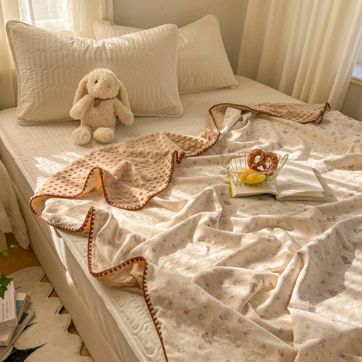 91家纺网 家纺一手货源 找家纺 十里居 2026春夏新款A类母婴级全棉纯棉双层纱多功能豆豆盖毯毛毯毯子 碎花小兔