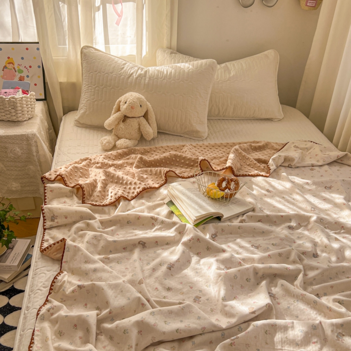 91家纺网 家纺一手货源 找家纺 十里居 2026春夏新款A类母婴级全棉纯棉双层纱多功能豆豆盖毯毛毯毯子 碎花小兔