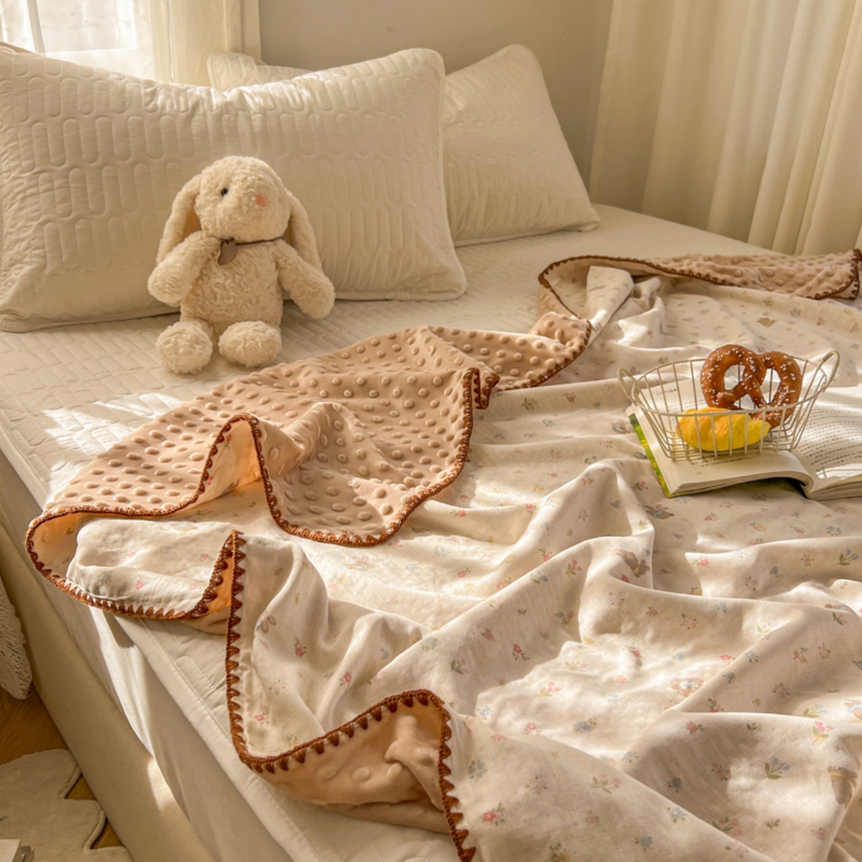 91家纺网 家纺一手货源 找家纺 十里居 2026春夏新款A类母婴级全棉纯棉双层纱多功能豆豆盖毯毛毯毯子 碎花小兔