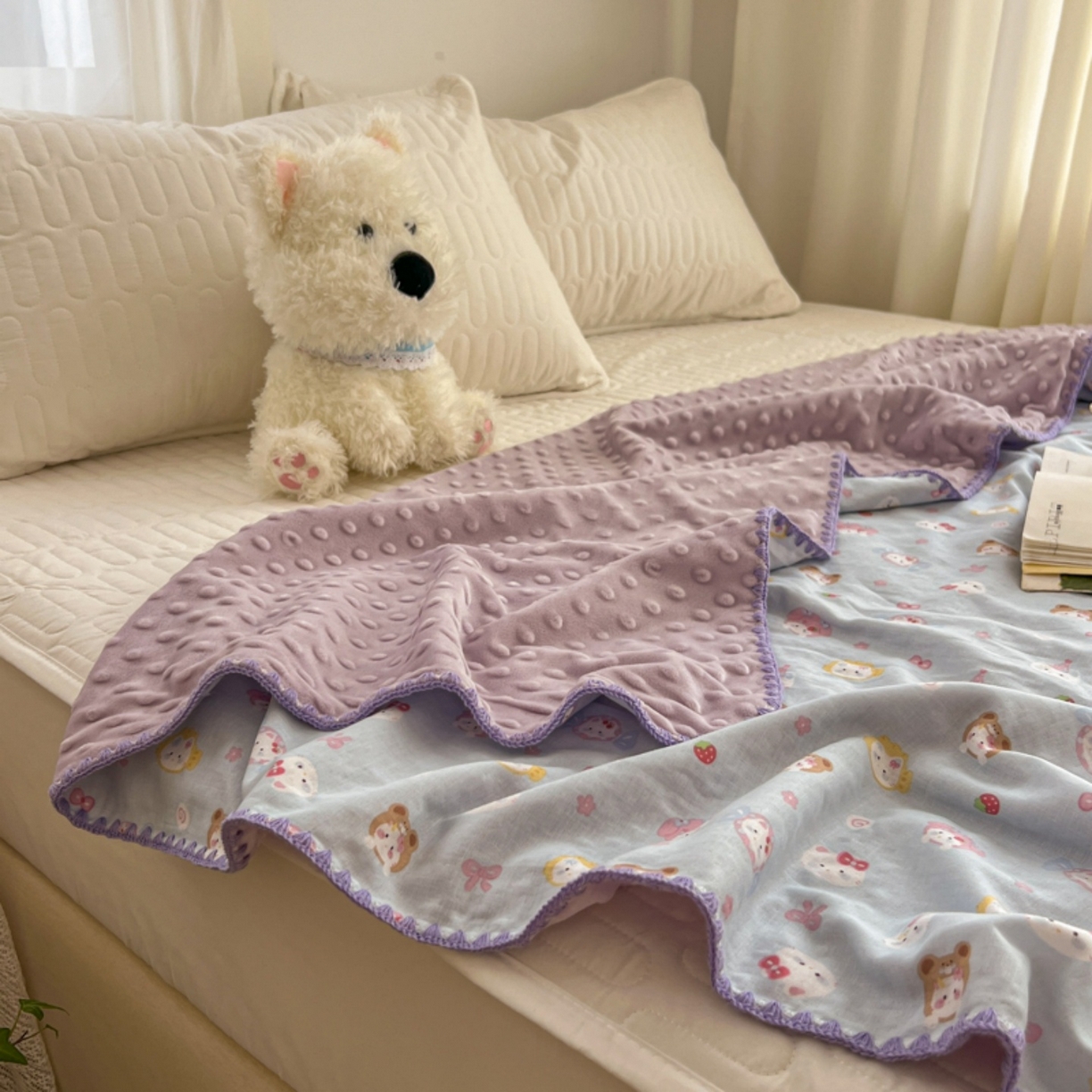 91家纺网 家纺一手货源 找家纺 十里居 2026春夏新款A类母婴级全棉纯棉双层纱多功能豆豆盖毯毛毯毯子 甜酱小猫