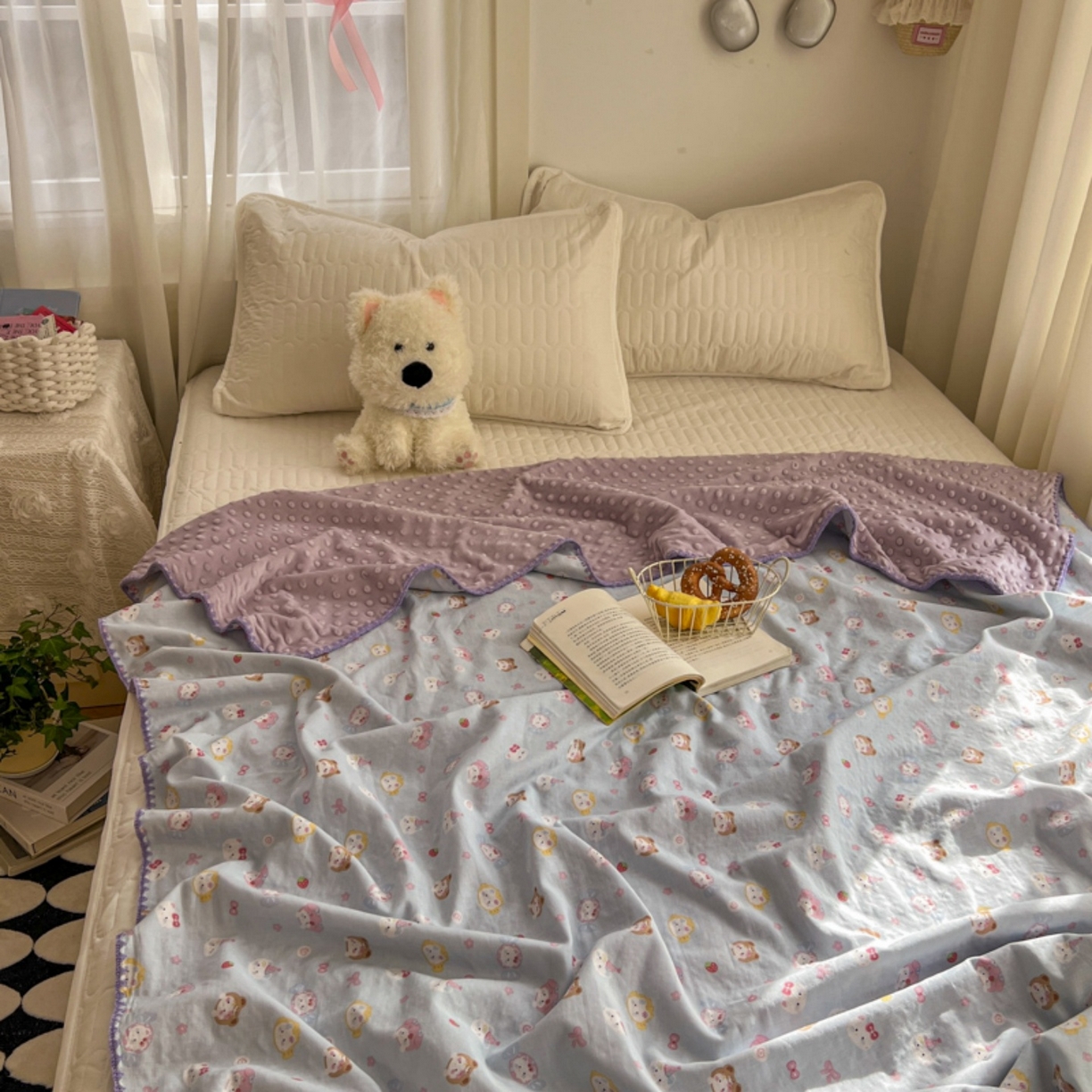 91家纺网 家纺一手货源 找家纺 十里居 2026春夏新款A类母婴级全棉纯棉双层纱多功能豆豆盖毯毛毯毯子 甜酱小猫