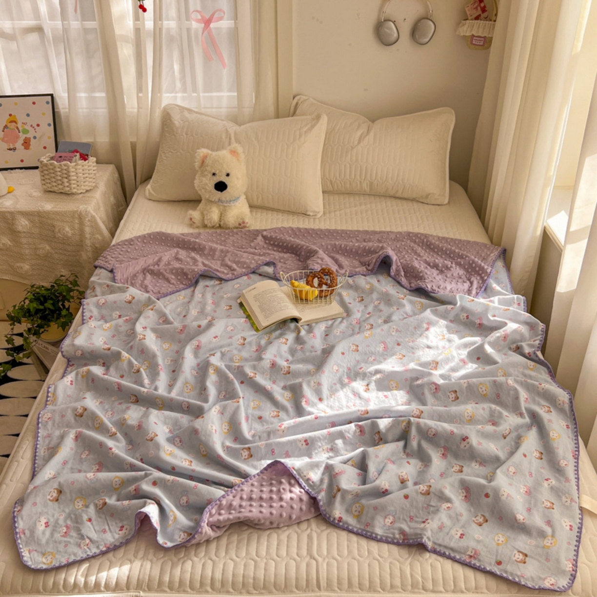 91家纺网 家纺一手货源 找家纺 十里居 2026春夏新款A类母婴级全棉纯棉双层纱多功能豆豆盖毯毛毯毯子 甜酱小猫