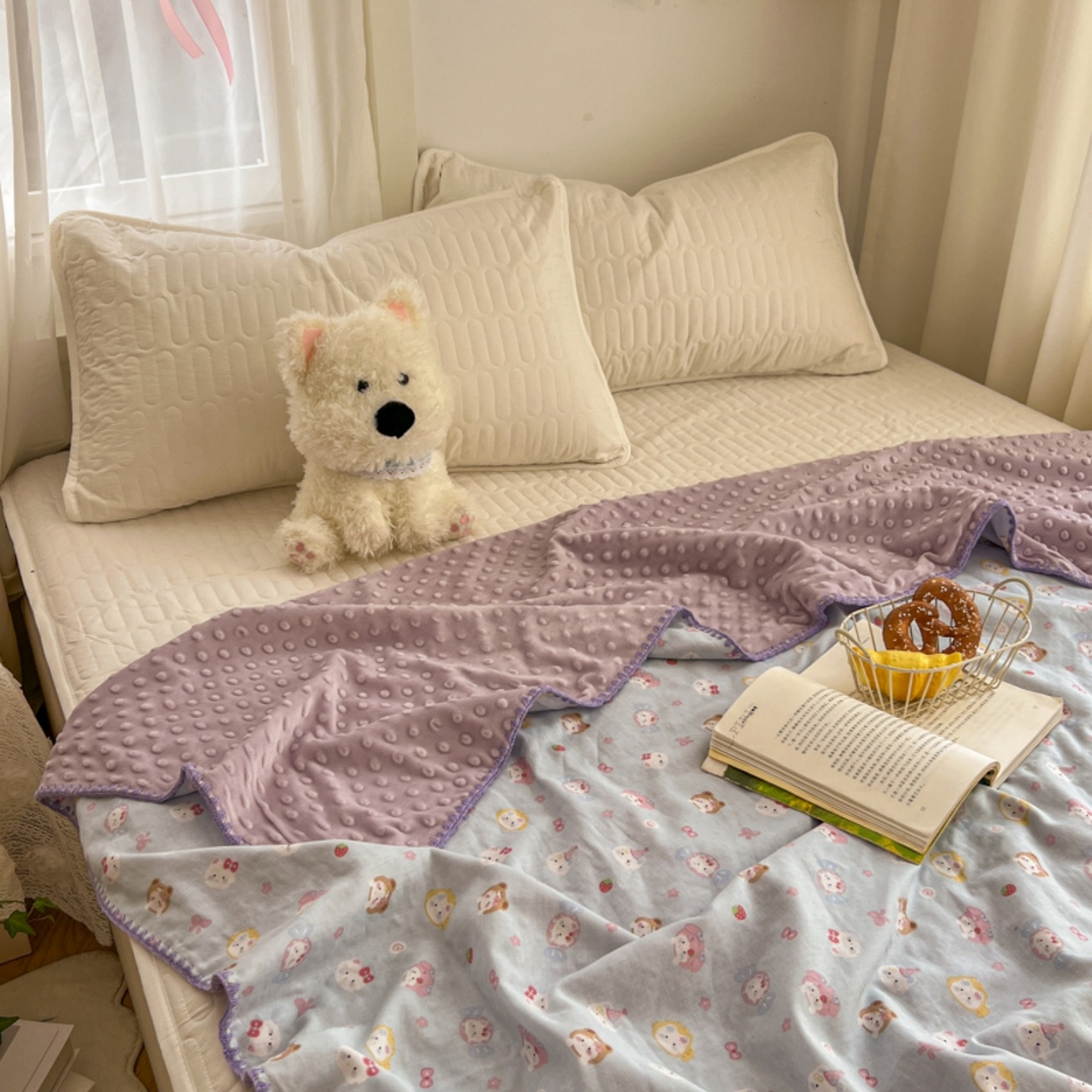 91家纺网 家纺一手货源 找家纺 十里居 2026春夏新款A类母婴级全棉纯棉双层纱多功能豆豆盖毯毛毯毯子 甜酱小猫