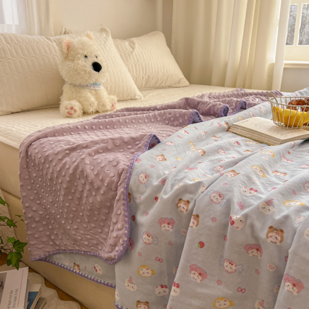 91家纺网 家纺一手货源 找家纺 十里居 2026春夏新款A类母婴级全棉纯棉双层纱多功能豆豆盖毯毛毯毯子 甜酱小猫