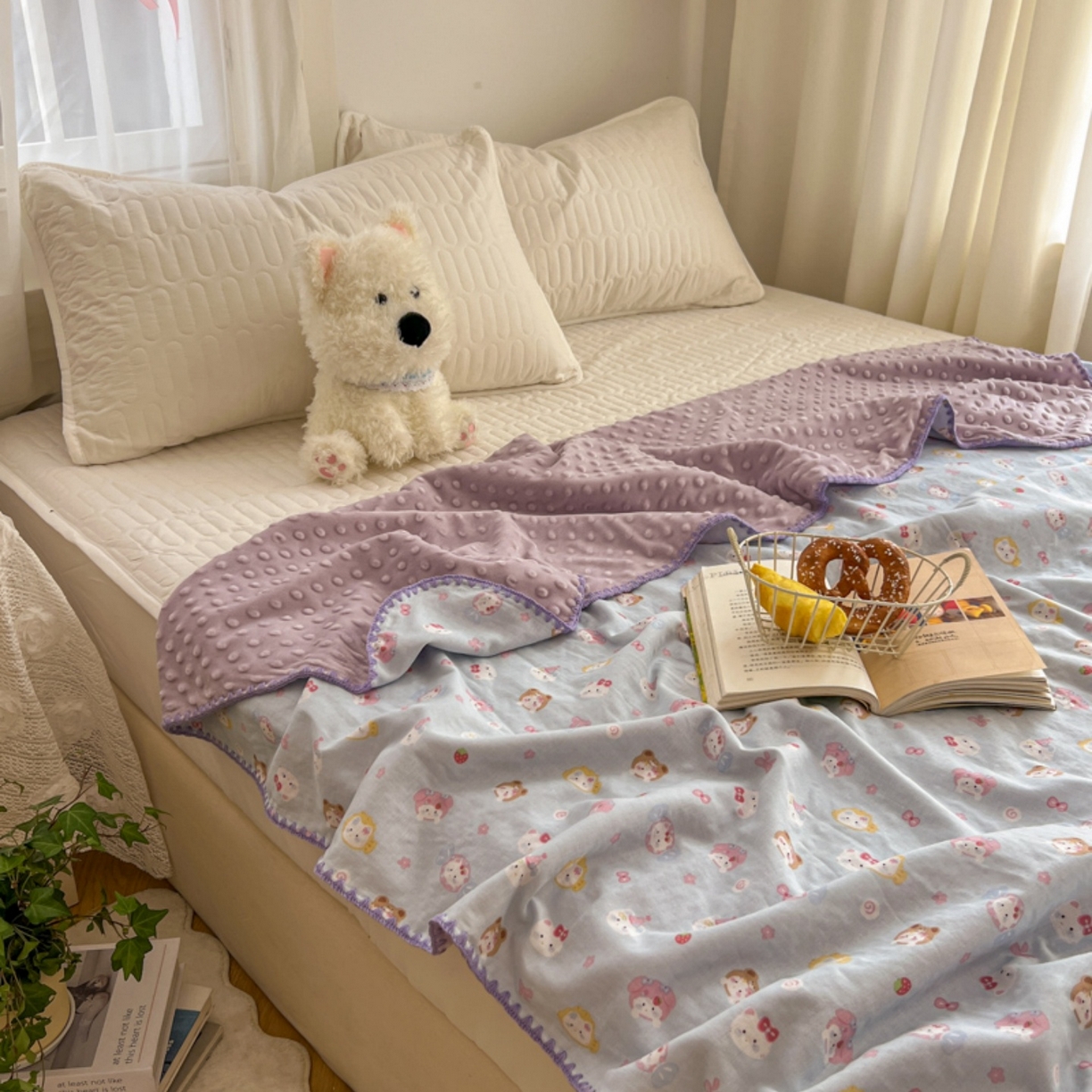 91家纺网 家纺一手货源 找家纺 十里居 2026春夏新款A类母婴级全棉纯棉双层纱多功能豆豆盖毯毛毯毯子 甜酱小猫