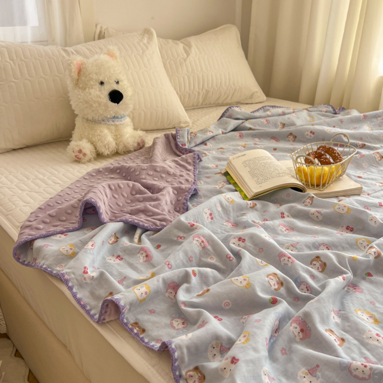 91家纺网 家纺一手货源 找家纺 十里居 2026春夏新款A类母婴级全棉纯棉双层纱多功能豆豆盖毯毛毯毯子 甜酱小猫