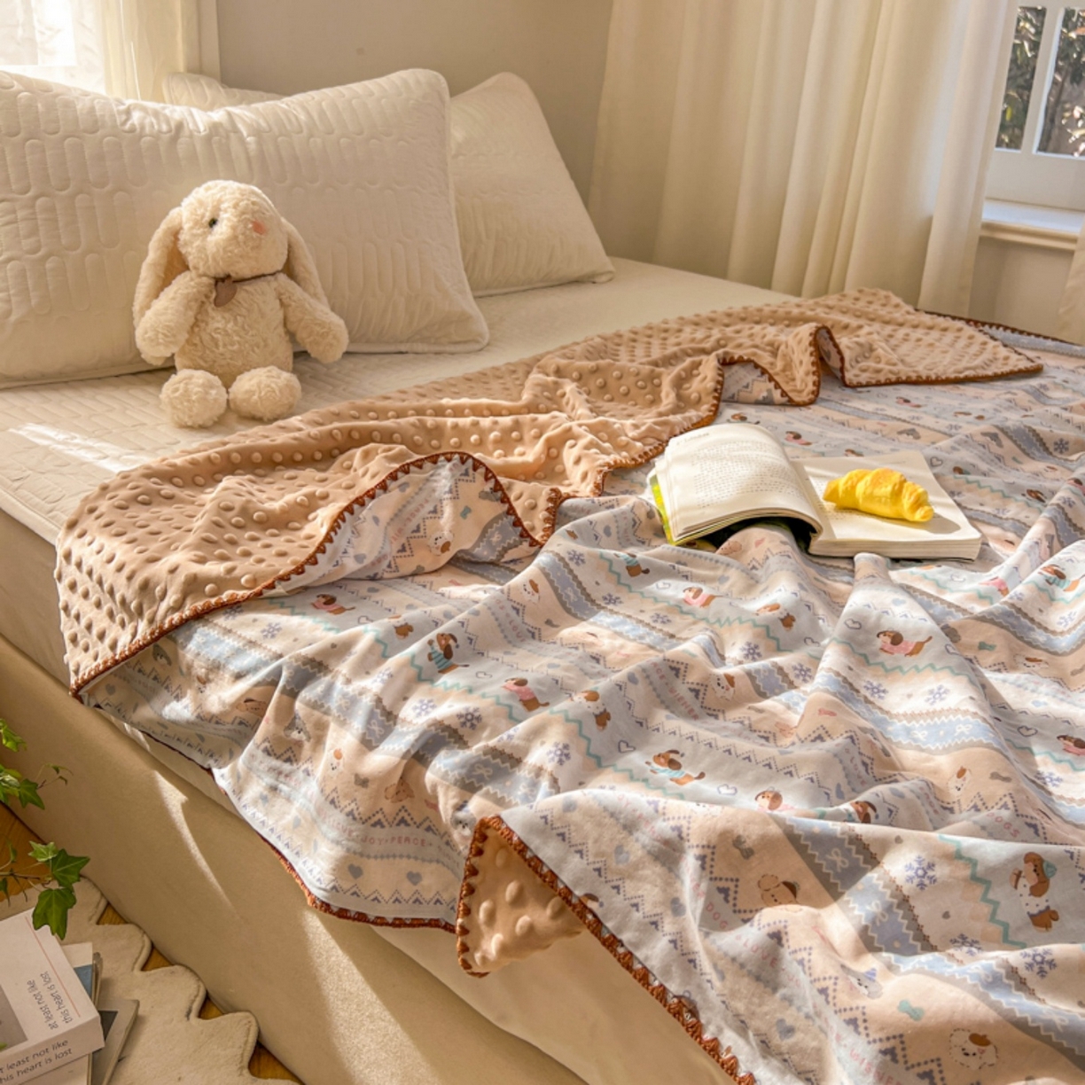 十里居 2026春夏新款A类母婴级全棉纯棉双层纱多功能豆豆盖毯毛毯毯子 雪花小狗