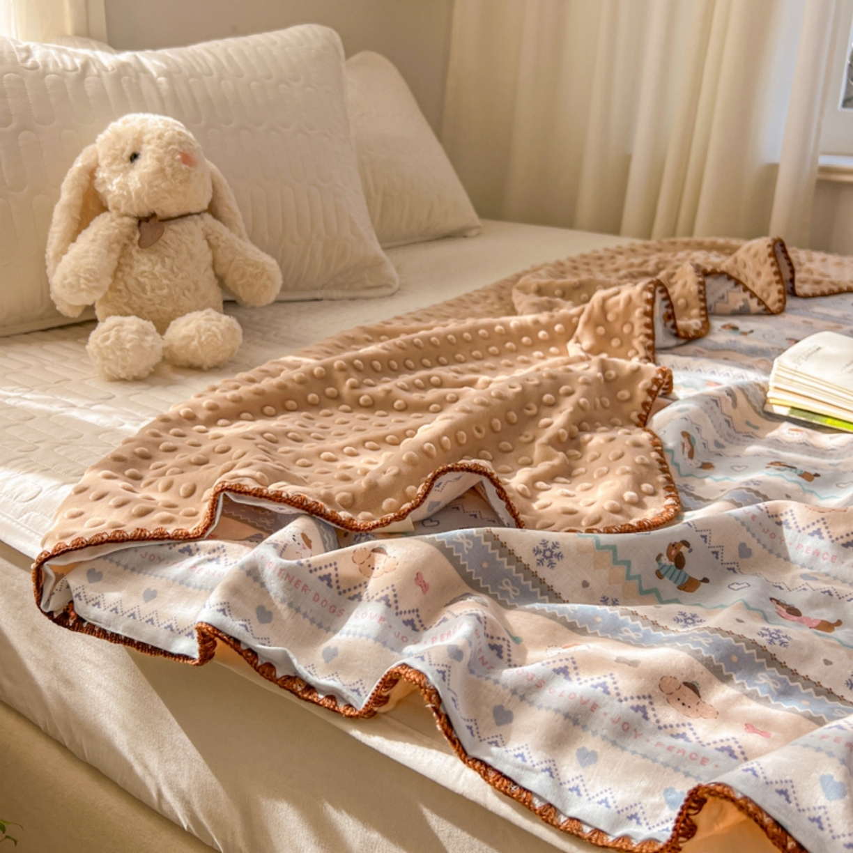 91家纺网 家纺一手货源 找家纺 十里居 2026春夏新款A类母婴级全棉纯棉双层纱多功能豆豆盖毯毛毯毯子 雪花小狗