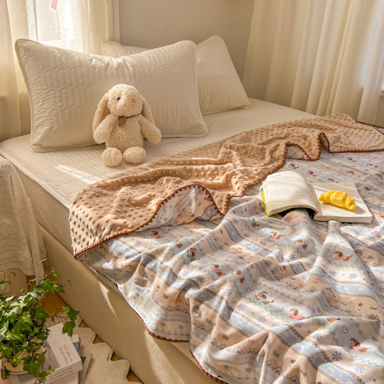 91家纺网 家纺一手货源 找家纺 十里居 2026春夏新款A类母婴级全棉纯棉双层纱多功能豆豆盖毯毛毯毯子 雪花小狗