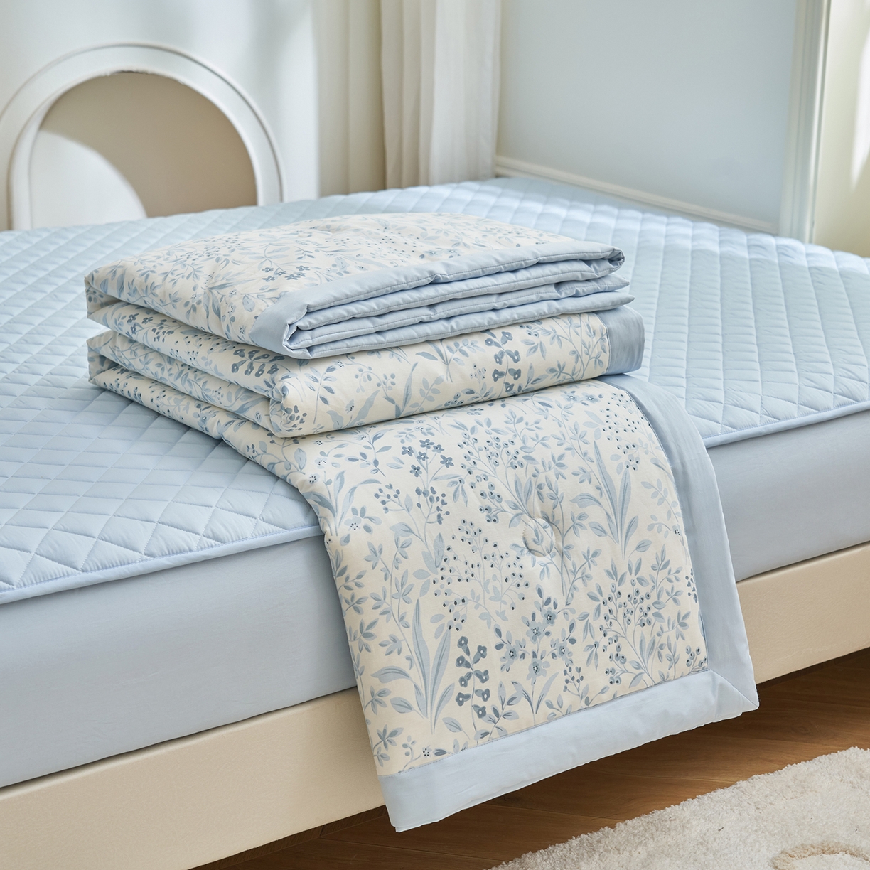 吾秀家居 吾诺 2026新款 12868全棉印花棉花夏被四件套 全棉夏被四件套新疆棉花被 - 经典系列 冰蓝小花