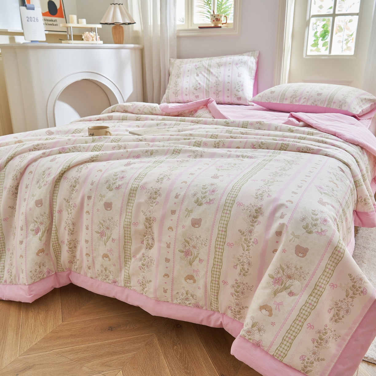 91家纺网 家纺一手货源 找家纺 吾秀家居 吾诺 2026新款 12868全棉印花棉花夏被四件套 全棉夏被四件套新疆棉花被 - 经典系列 粉色公主