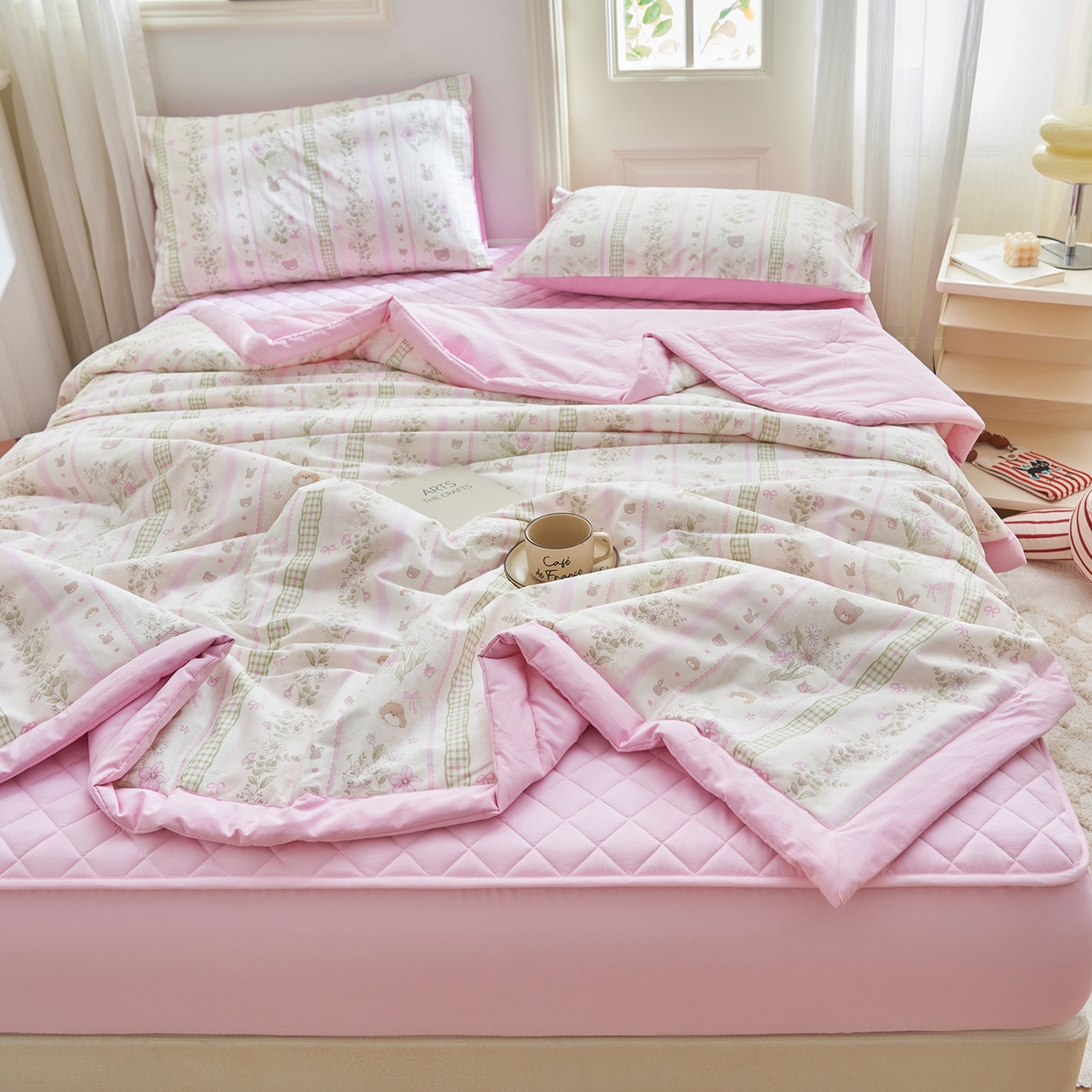 91家纺网 家纺一手货源 找家纺 吾秀家居 吾诺 2026新款 12868全棉印花棉花夏被四件套 全棉夏被四件套新疆棉花被 - 经典系列 粉色公主