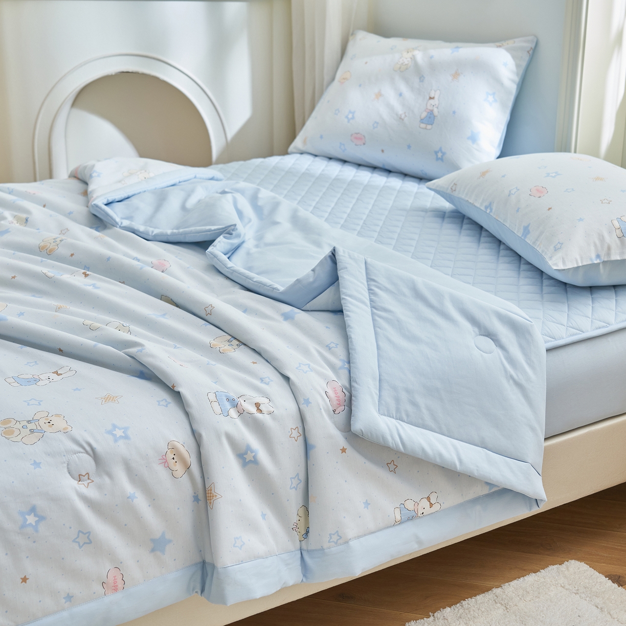 91家纺网 家纺一手货源 找家纺 吾秀家居 吾诺 2026新款 12868全棉印花棉花夏被四件套 全棉夏被四件套新疆棉花被 - 经典系列 蓝星小熊
