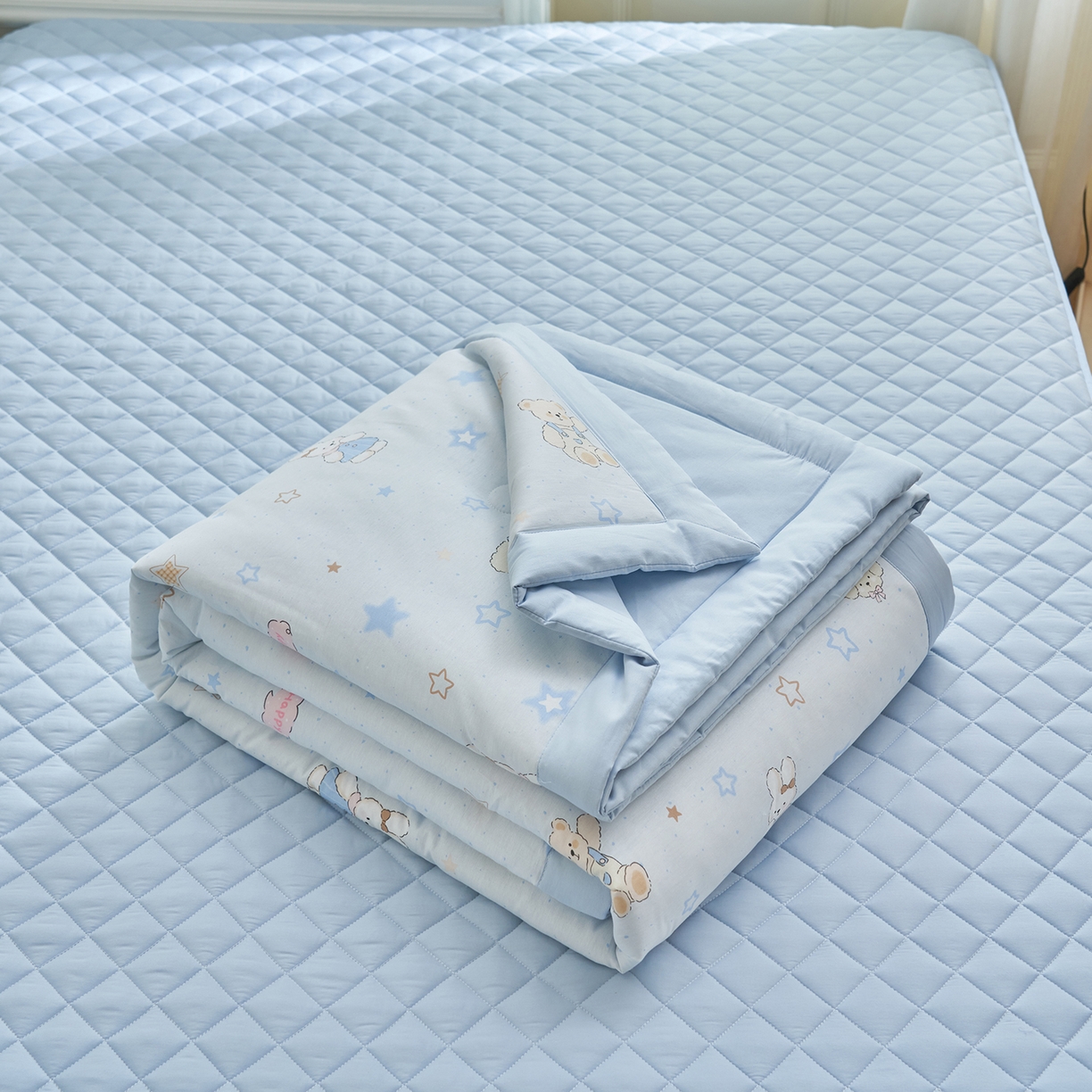 91家纺网 家纺一手货源 找家纺 吾秀家居 吾诺 2026新款 12868全棉印花棉花夏被四件套 全棉夏被四件套新疆棉花被 - 经典系列 蓝星小熊