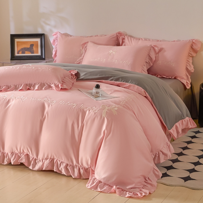 91家纺网 家纺一手货源 找家纺 千希家纺 2026新款130克斜纹公主风四件套-邂逅系列 邂逅-蜜桃灰