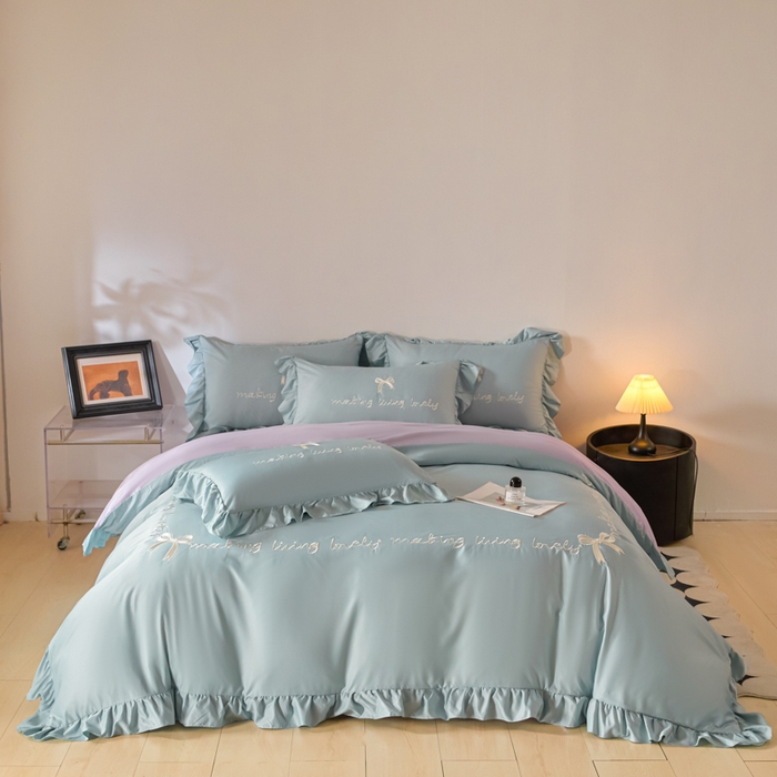 91家纺网 家纺一手货源 找家纺 千希家纺 2026新款130克斜纹公主风四件套-邂逅系列 邂逅-天蓝紫