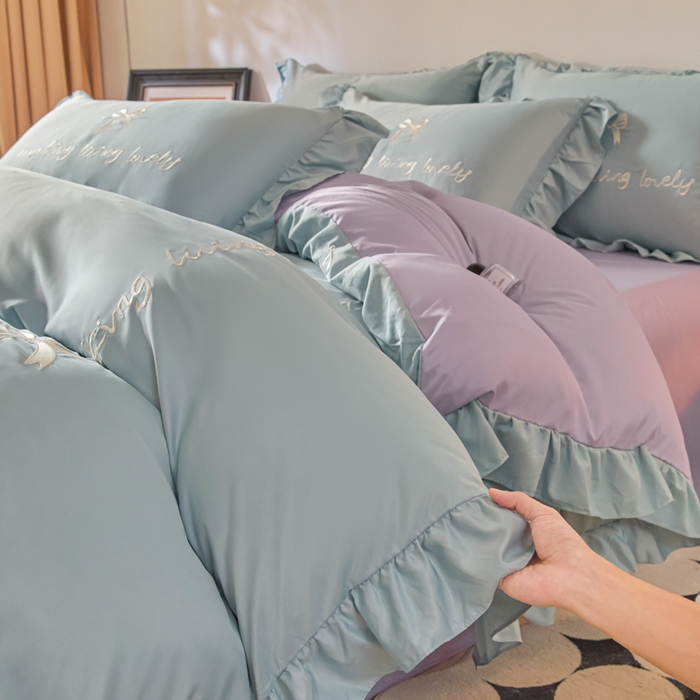 91家纺网 家纺一手货源 找家纺 千希家纺 2026新款130克斜纹公主风四件套-邂逅系列 邂逅-天蓝紫