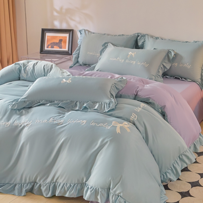 91家纺网 家纺一手货源 找家纺 千希家纺 2026新款130克斜纹公主风四件套-邂逅系列 邂逅-天蓝紫