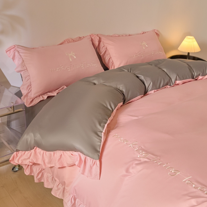 91家纺网 家纺一手货源 找家纺 千希家纺 2026新款130克斜纹公主风四件套-邂逅系列 邂逅-蜜桃灰