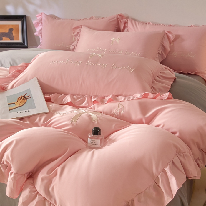 91家纺网 家纺一手货源 找家纺 千希家纺 2026新款130克斜纹公主风四件套-邂逅系列 邂逅-蜜桃灰