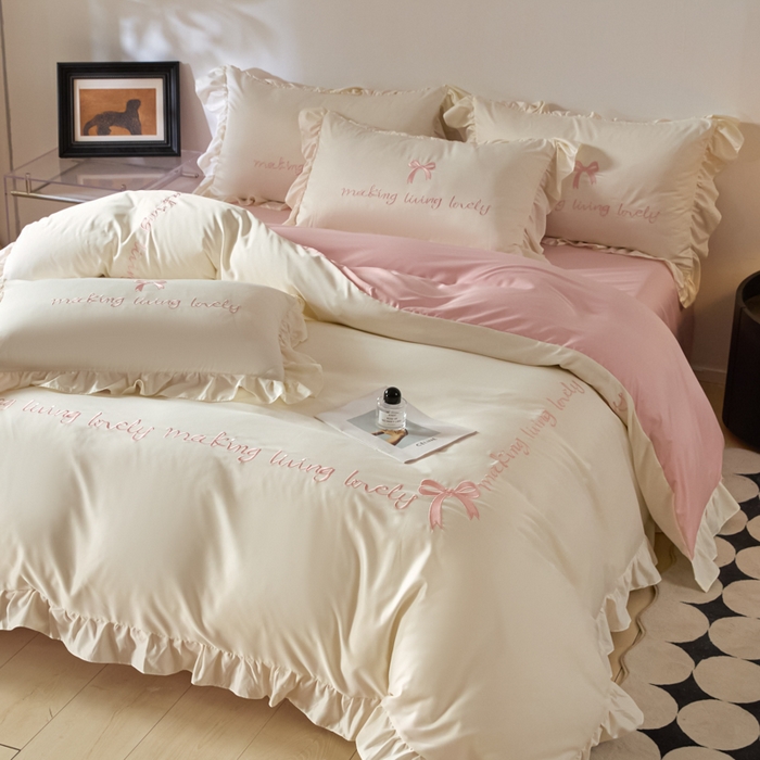 千希家纺 2026新款130克斜纹公主风四件套-邂逅系列 邂逅-奶白粉