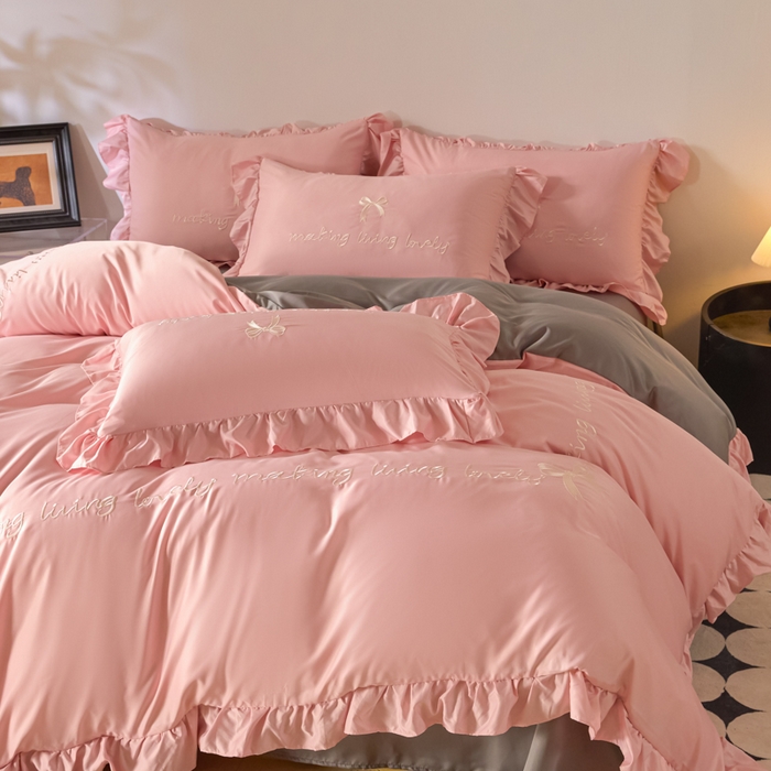 91家纺网 家纺一手货源 找家纺 千希家纺 2026新款130克斜纹公主风四件套-邂逅系列 邂逅-蜜桃灰