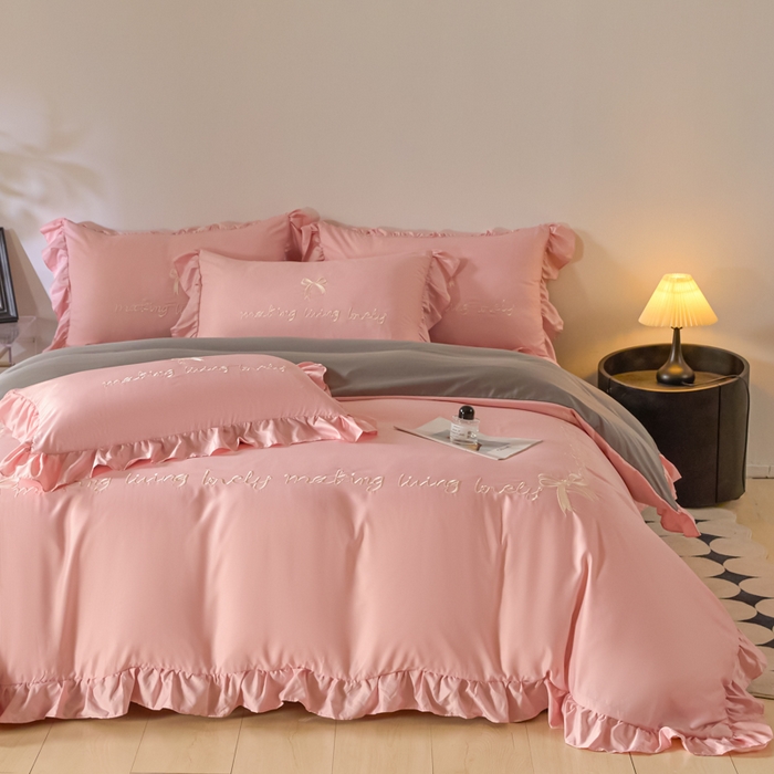 91家纺网 家纺一手货源 找家纺 千希家纺 2026新款130克斜纹公主风四件套-邂逅系列 邂逅-蜜桃灰