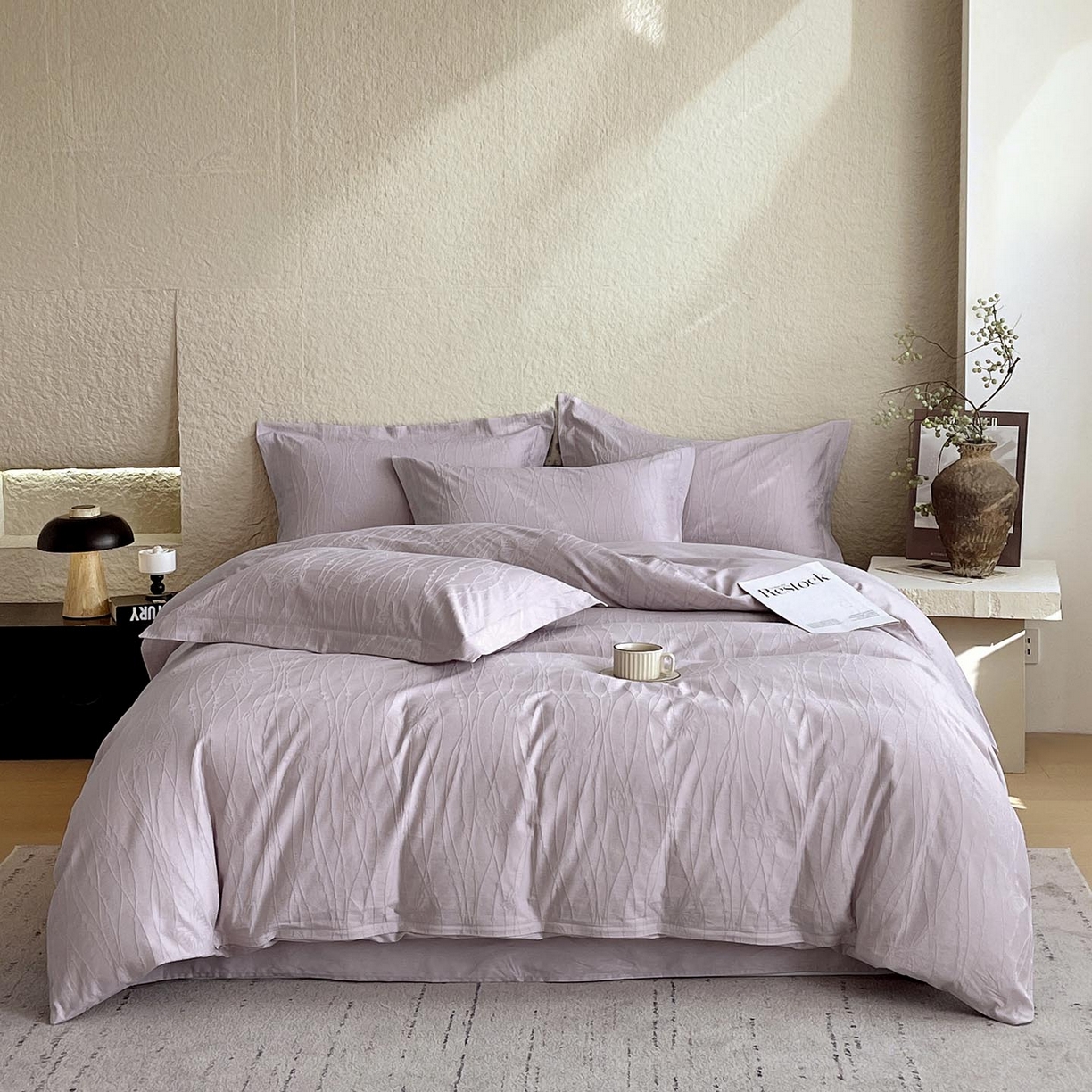 91家纺网 家纺一手货源 找家纺 宜家坊 2026新款A类全棉纯棉亮面浮雕提花四件套 蝶梦-淡雅紫