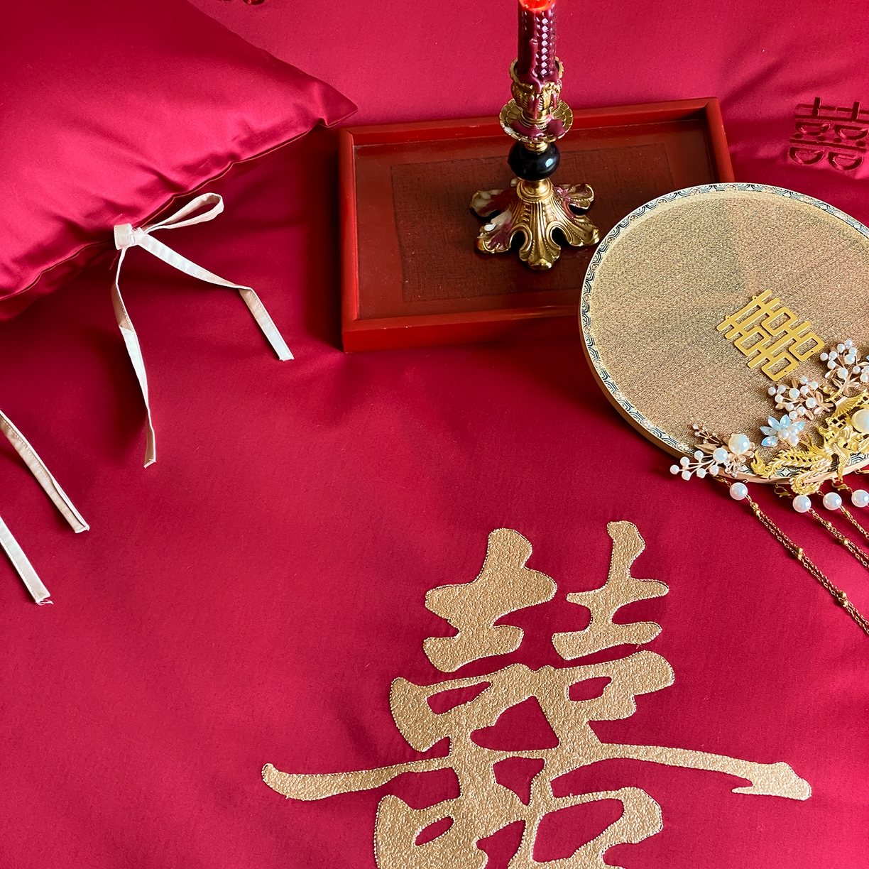 91家纺网 家纺一手货源 找家纺 （总）水云缦 2026新款50支全棉贡缎长绒棉刺绣婚庆四件套-爱漾