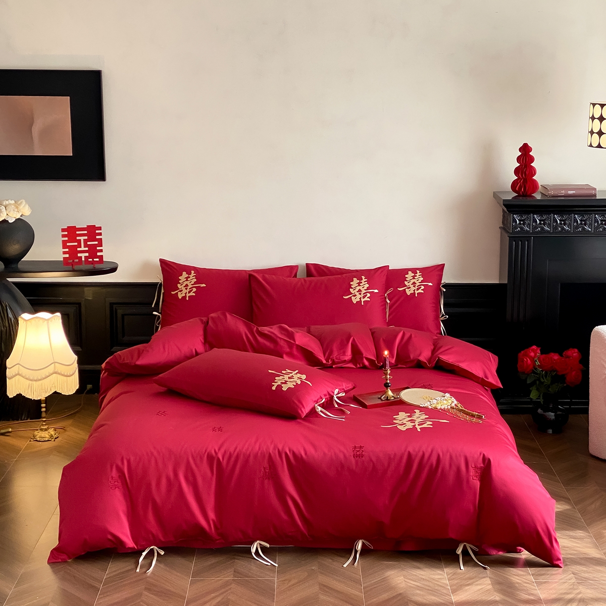 91家纺网 家纺一手货源 找家纺 （总）水云缦 2026新款50支全棉贡缎长绒棉刺绣婚庆四件套-爱漾