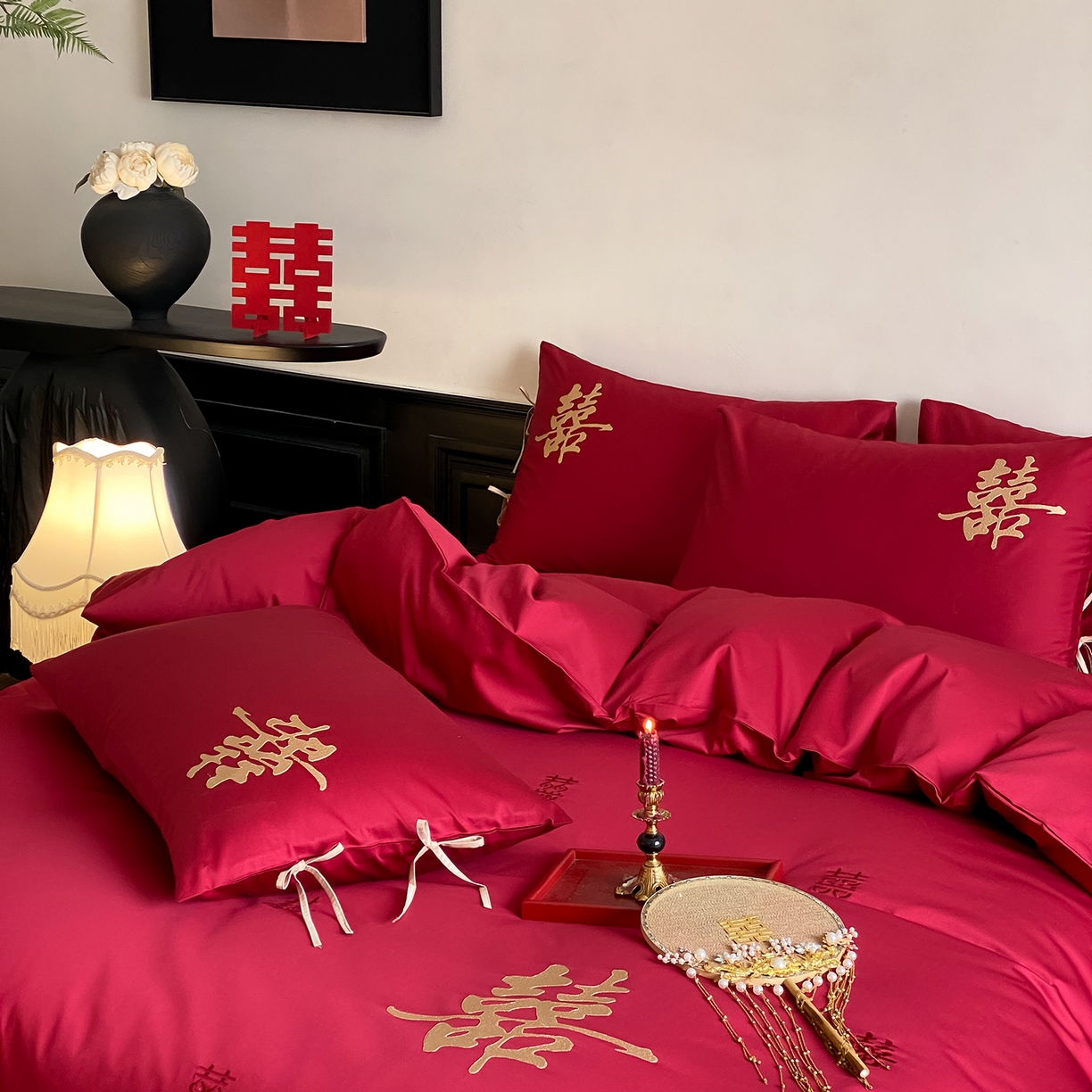 91家纺网 家纺一手货源 找家纺 （总）水云缦 2026新款50支全棉贡缎长绒棉刺绣婚庆四件套-爱漾