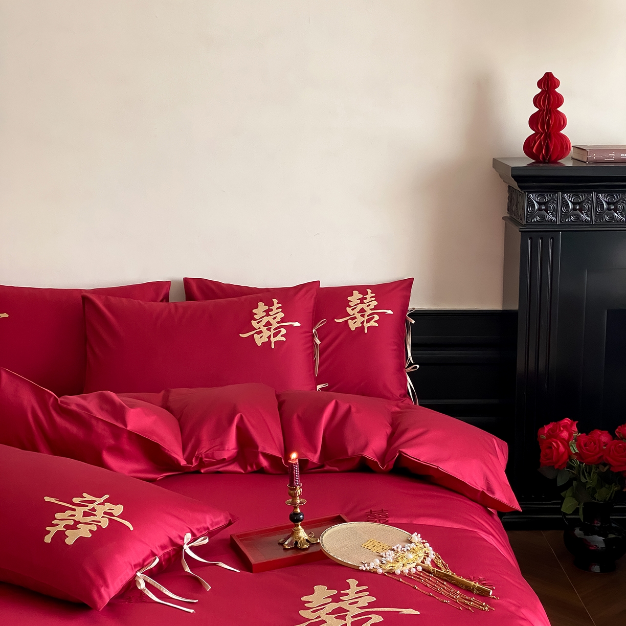 91家纺网 家纺一手货源 找家纺 （总）水云缦 2026新款50支全棉贡缎长绒棉刺绣婚庆四件套-爱漾