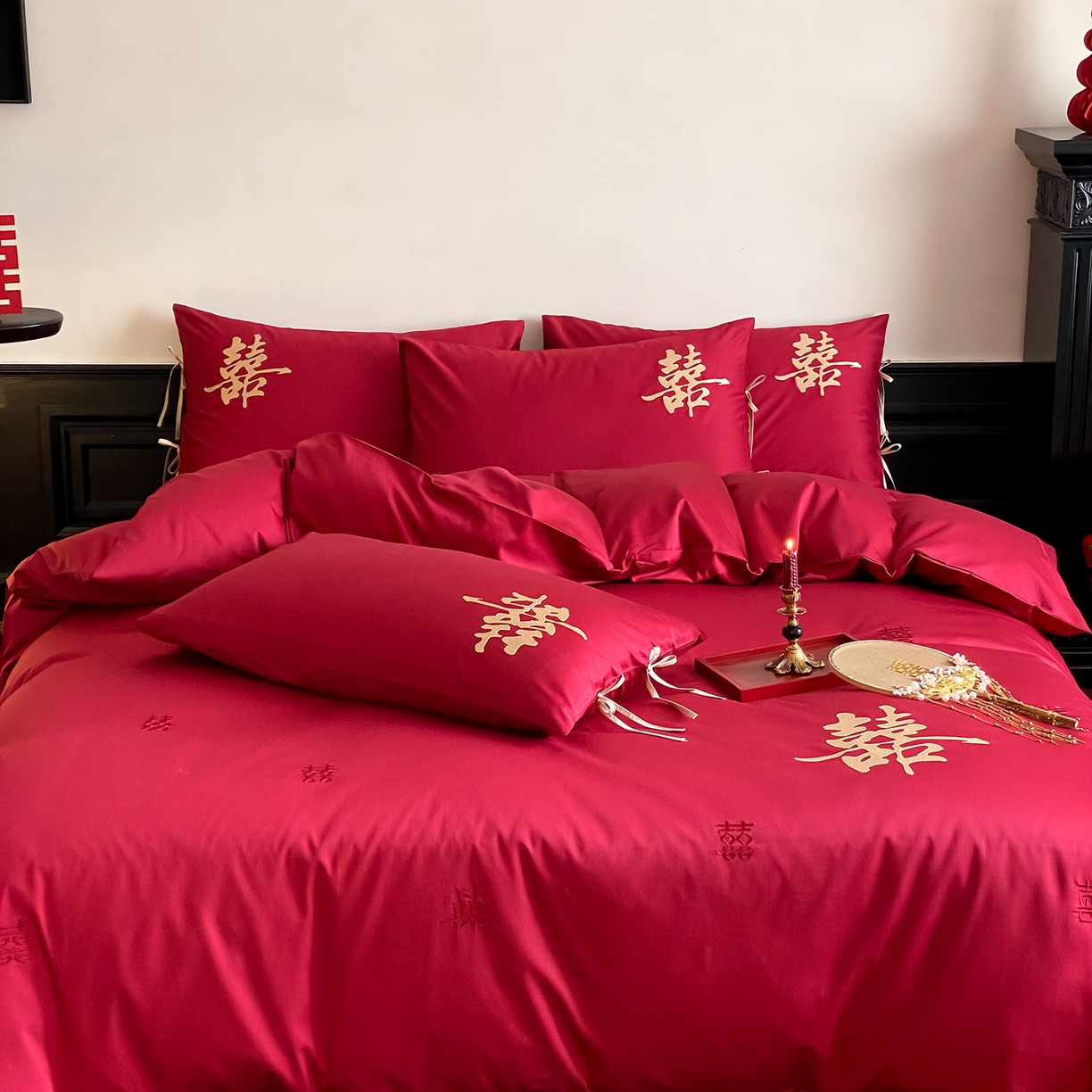 91家纺网 家纺一手货源 找家纺 （总）水云缦 2026新款50支全棉贡缎长绒棉刺绣婚庆四件套-爱漾