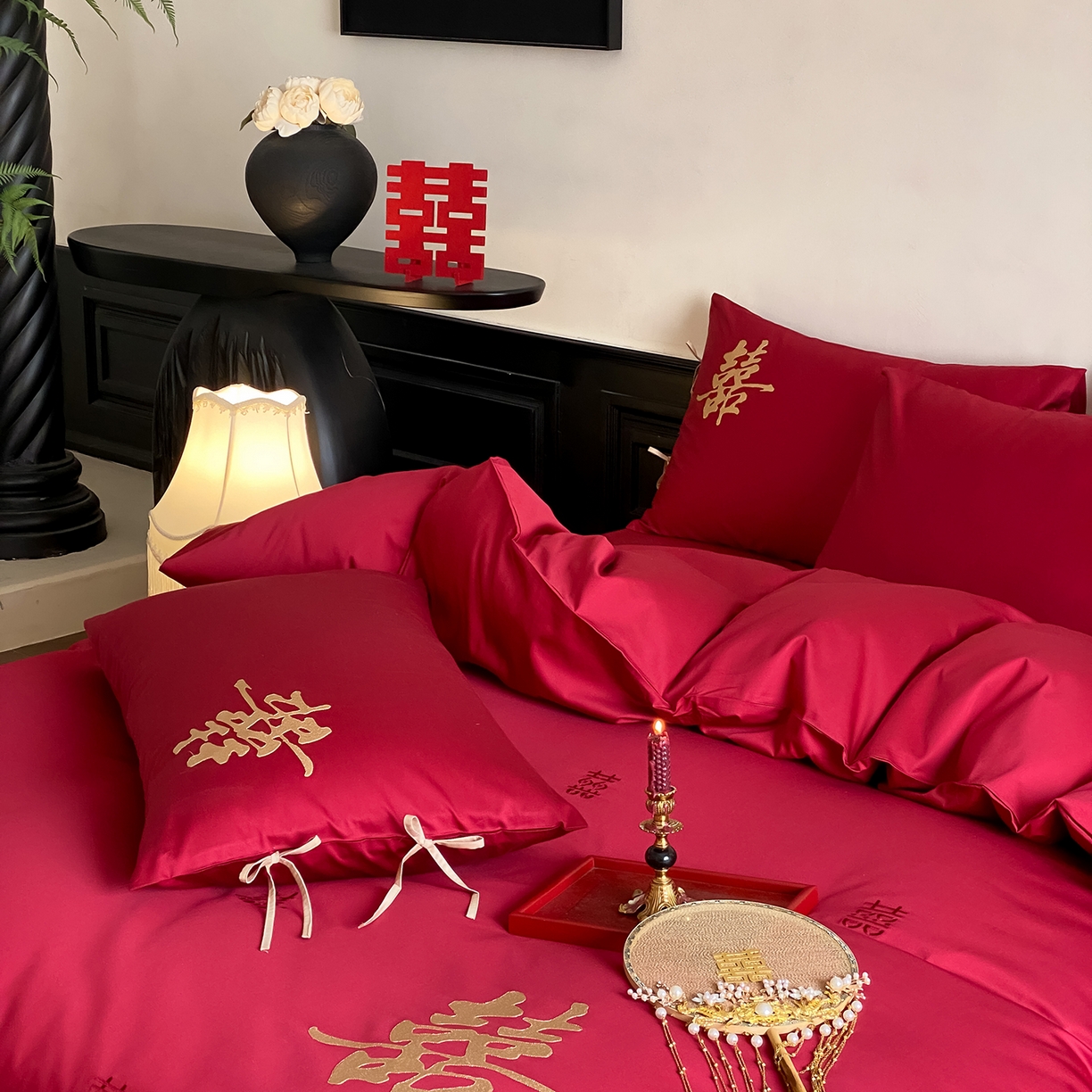 91家纺网 家纺一手货源 找家纺 （总）水云缦 2026新款50支全棉贡缎长绒棉刺绣婚庆四件套-爱漾