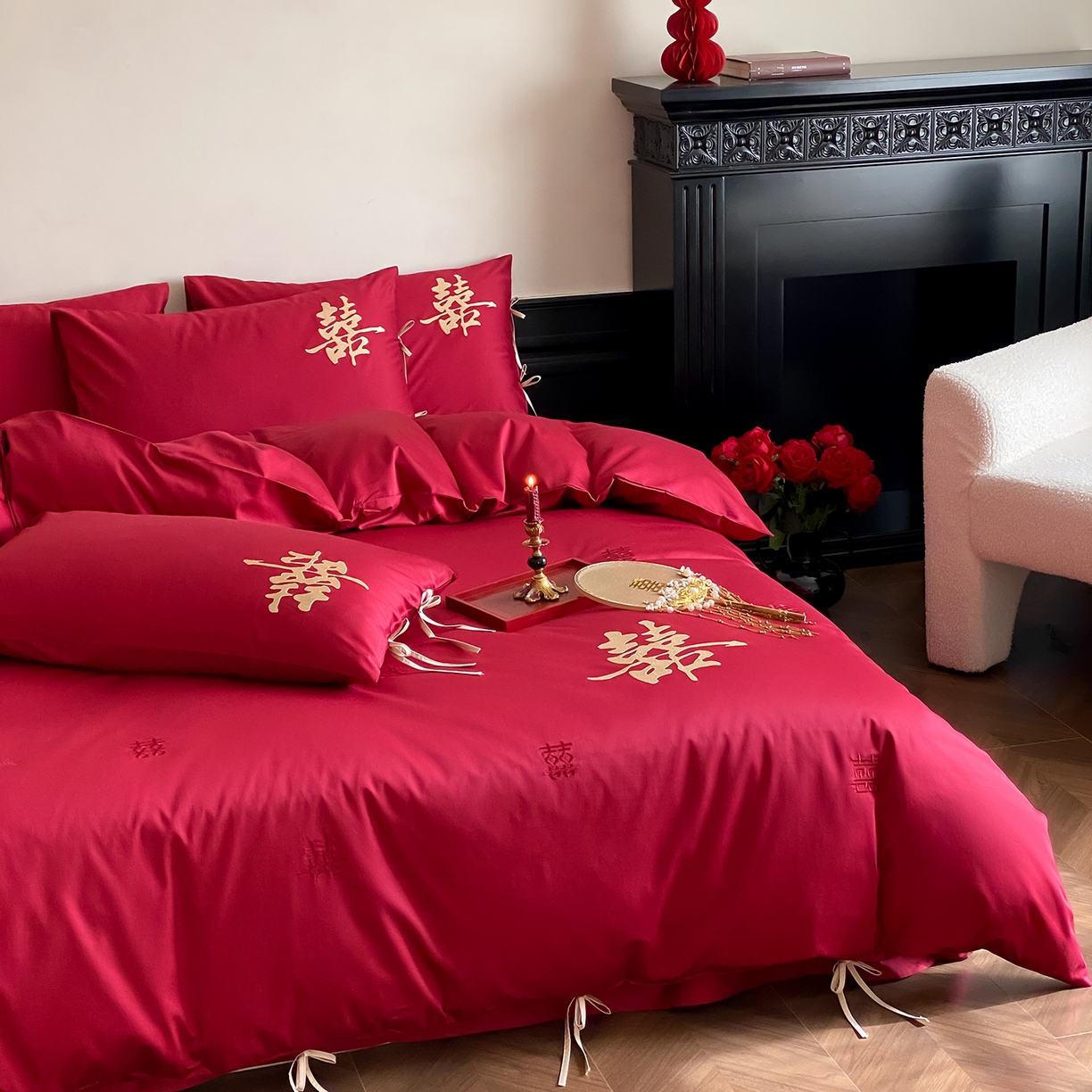 91家纺网 家纺一手货源 找家纺 （总）水云缦 2026新款50支全棉贡缎长绒棉刺绣婚庆四件套-爱漾