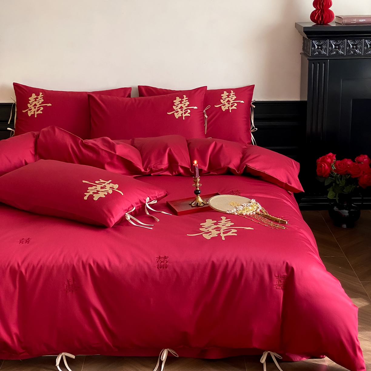 91家纺网 家纺一手货源 找家纺 （总）水云缦 2026新款50支全棉贡缎长绒棉刺绣婚庆四件套-爱漾