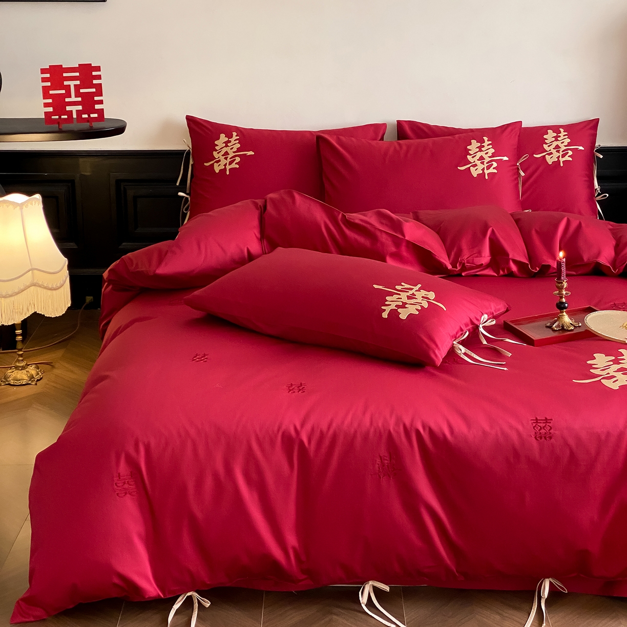 91家纺网 家纺一手货源 找家纺 （总）水云缦 2026新款50支全棉贡缎长绒棉刺绣婚庆四件套-爱漾