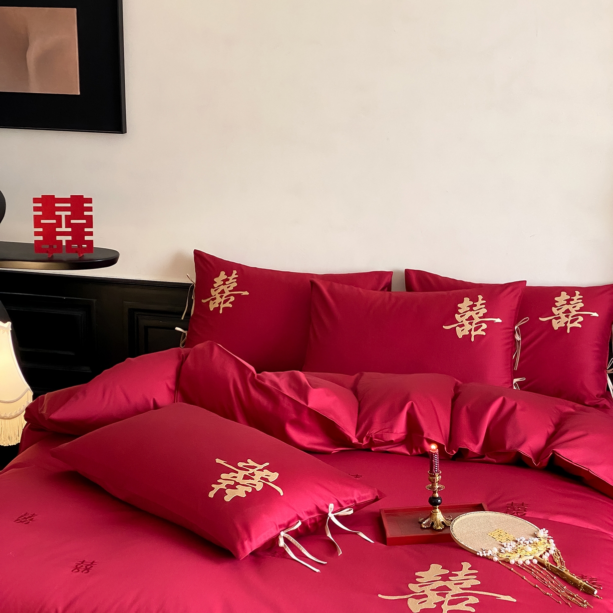 91家纺网 家纺一手货源 找家纺 （总）水云缦 2026新款50支全棉贡缎长绒棉刺绣婚庆四件套-爱漾