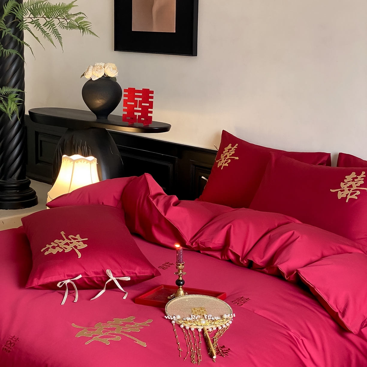 91家纺网 家纺一手货源 找家纺 （总）水云缦 2026新款50支全棉贡缎长绒棉刺绣婚庆四件套-爱漾