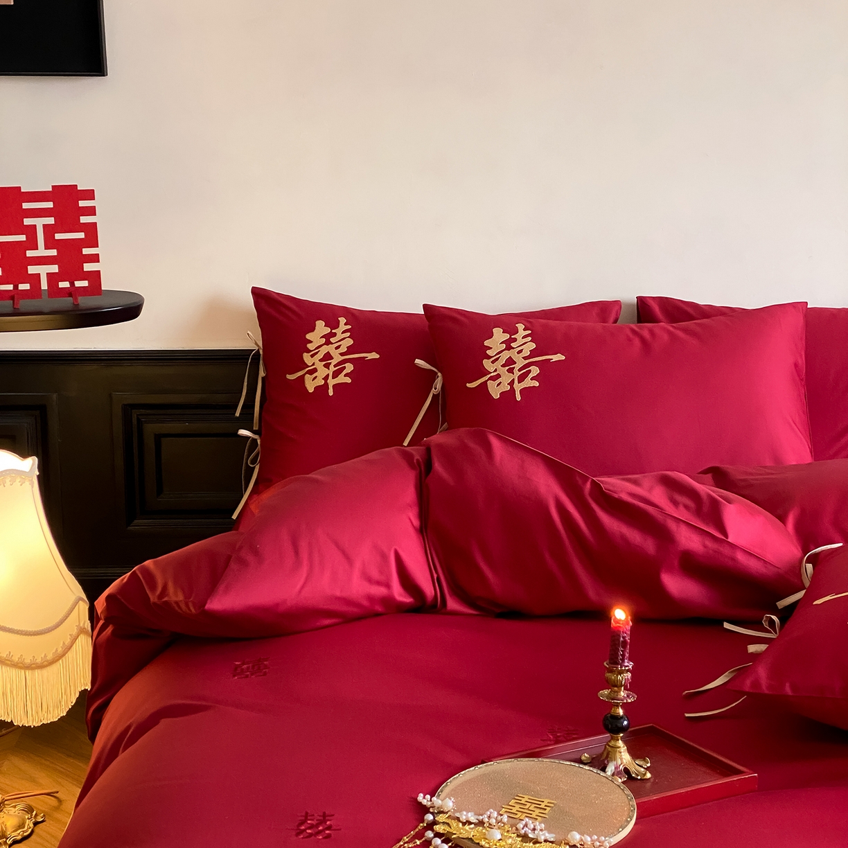 91家纺网 家纺一手货源 找家纺 （总）水云缦 2026新款50支全棉贡缎长绒棉刺绣婚庆四件套-爱漾