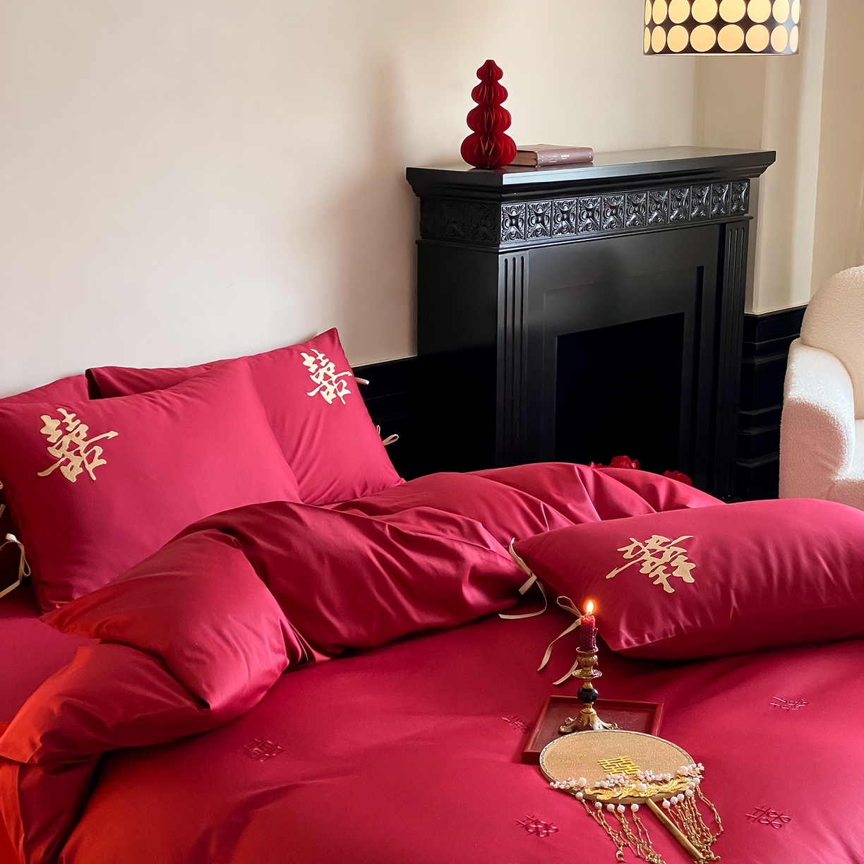 91家纺网 家纺一手货源 找家纺 （总）水云缦 2026新款50支全棉贡缎长绒棉刺绣婚庆四件套-爱漾