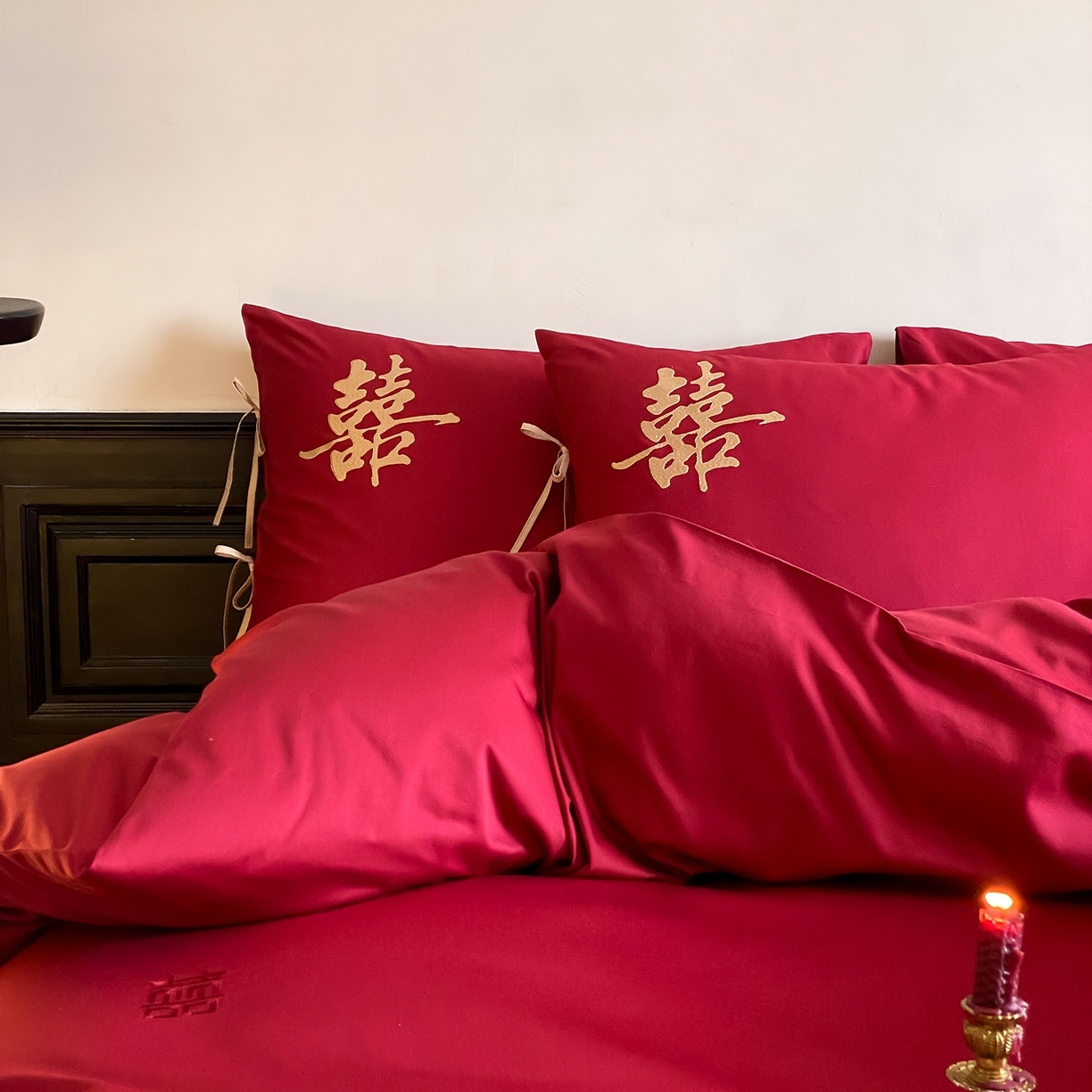 91家纺网 家纺一手货源 找家纺 （总）水云缦 2026新款50支全棉贡缎长绒棉刺绣婚庆四件套-爱漾