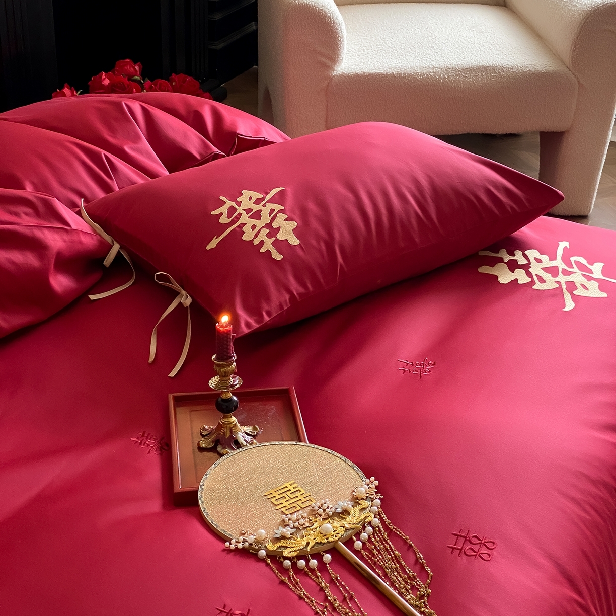 91家纺网 家纺一手货源 找家纺 （总）水云缦 2026新款50支全棉贡缎长绒棉刺绣婚庆四件套-爱漾