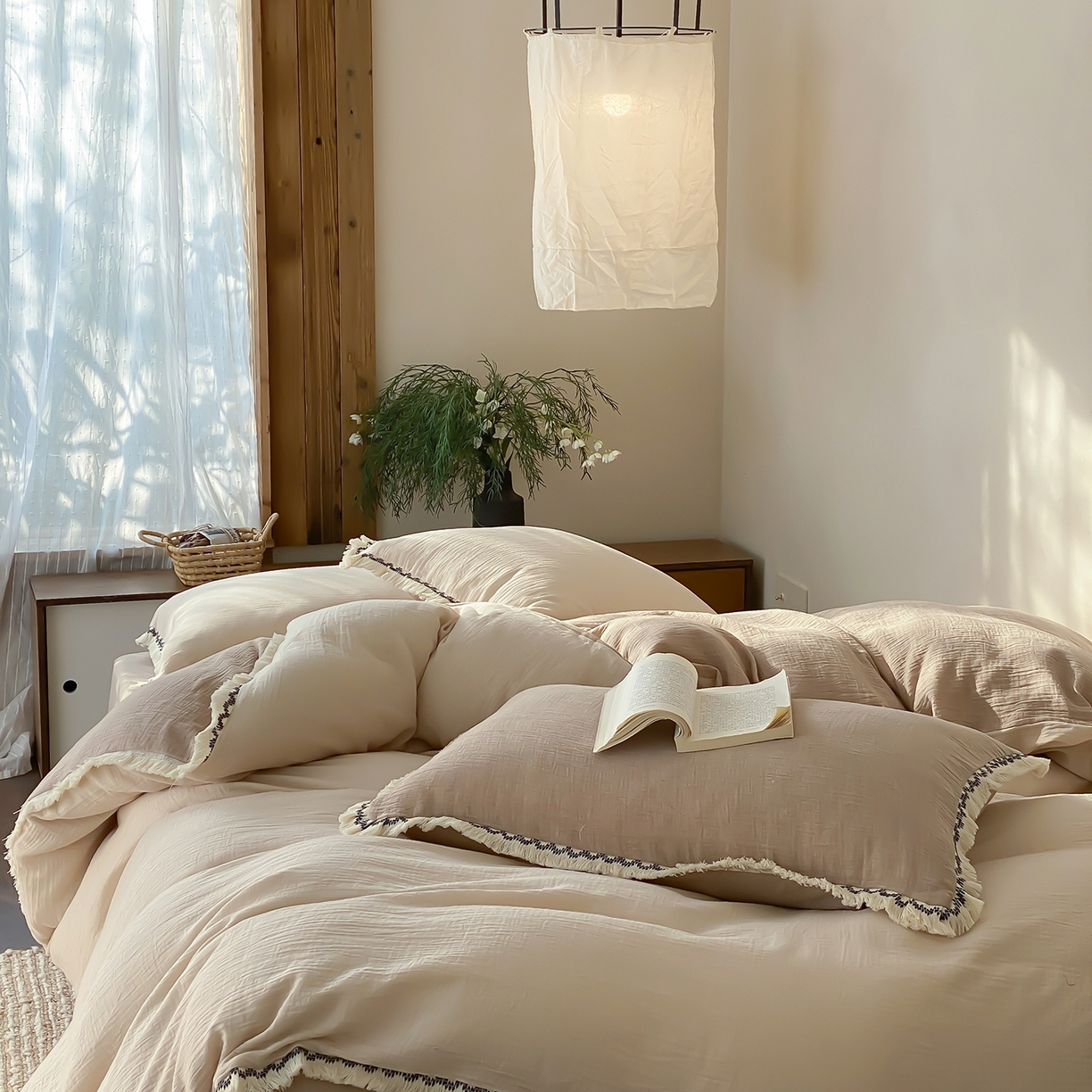 91家纺网 家纺一手货源 找家纺 （总）水云缦 2026新款全棉皱皱纱流苏花边四件套-奶白咖