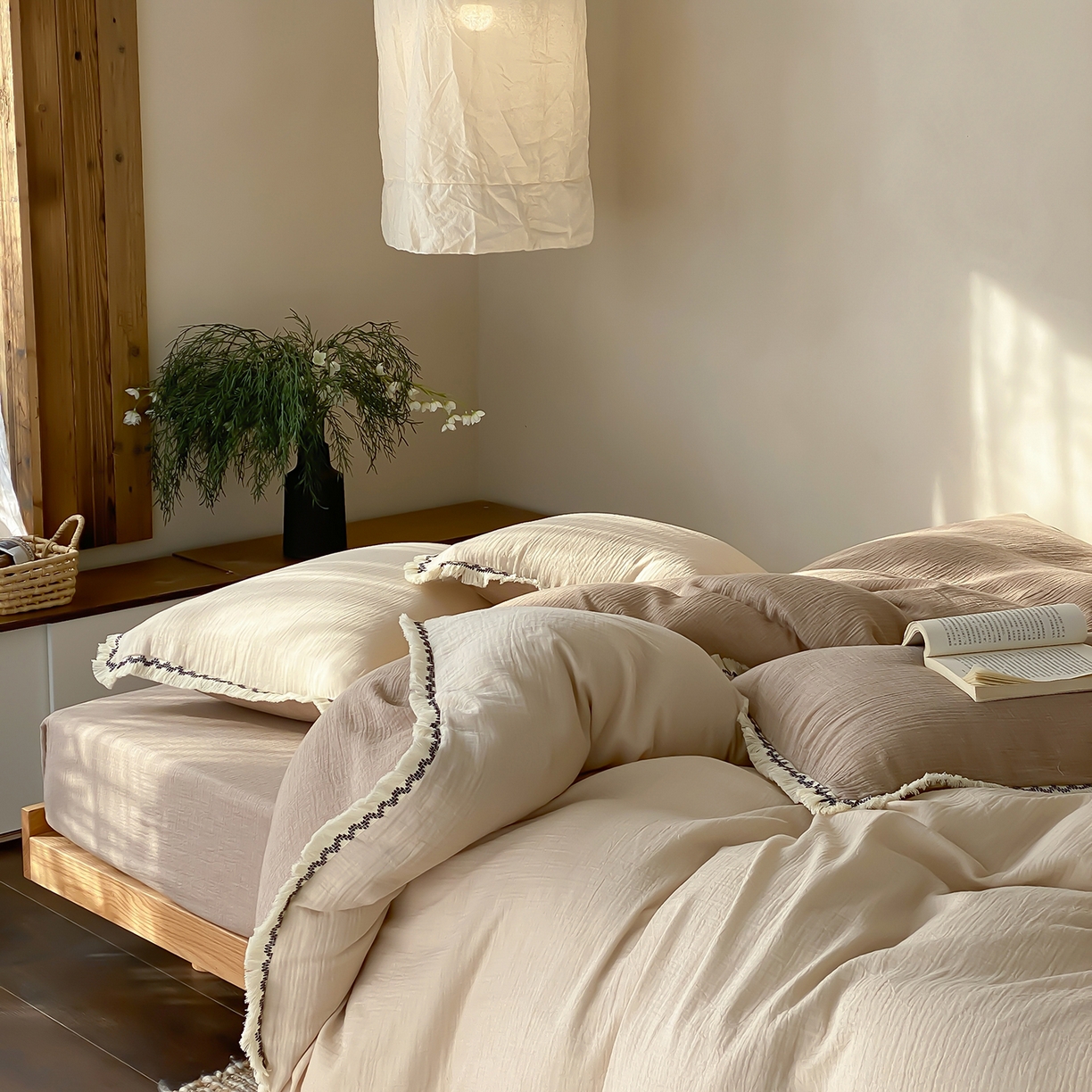 91家纺网 家纺一手货源 找家纺 （总）水云缦 2026新款全棉皱皱纱流苏花边四件套-奶白咖