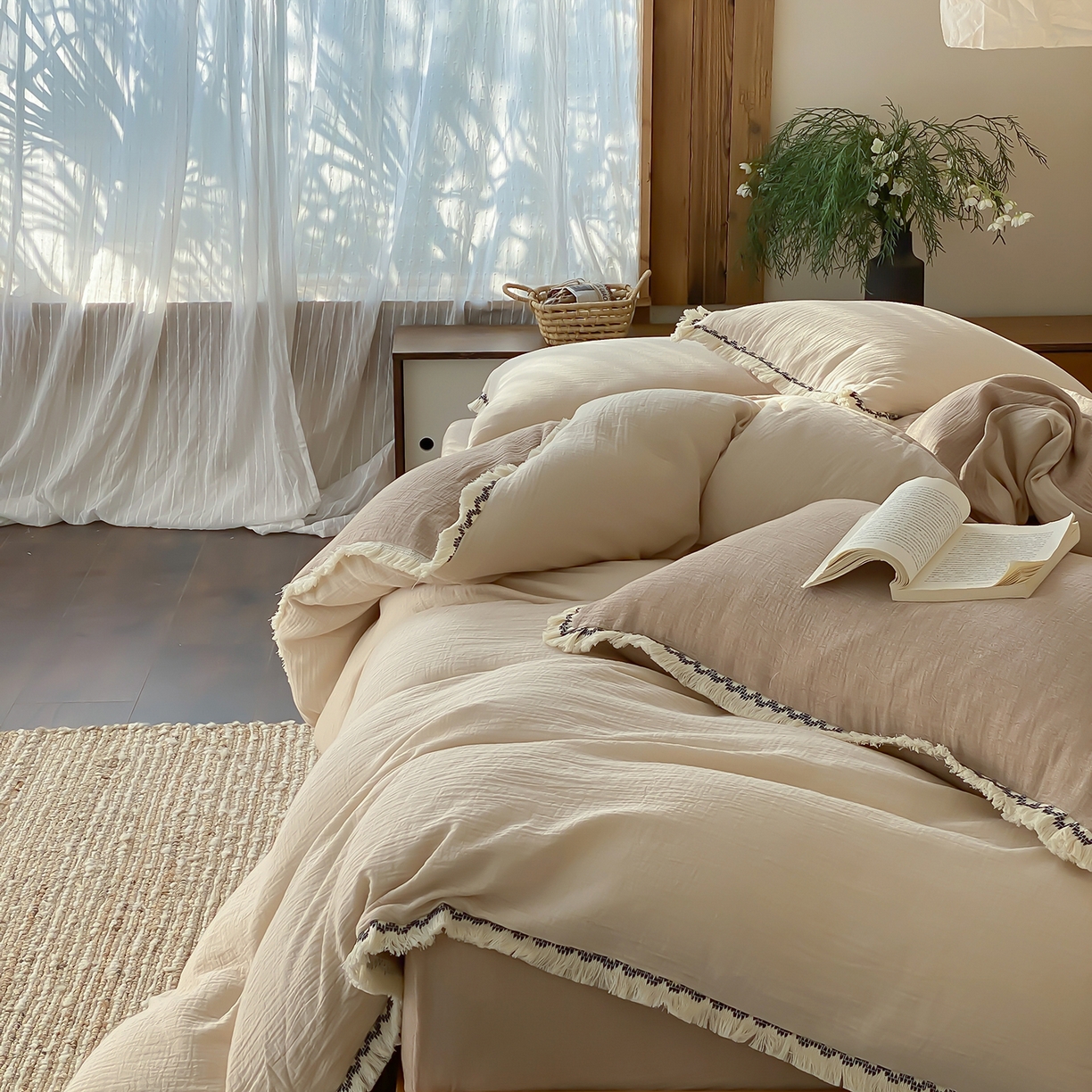 91家纺网 家纺一手货源 找家纺 （总）水云缦 2026新款全棉皱皱纱流苏花边四件套-奶白咖
